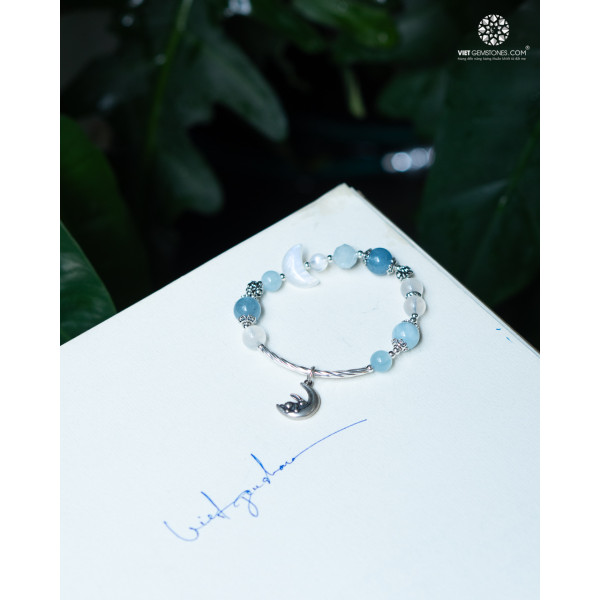 Lắc Tay Mặt Trăng Moonstone x Hải Lam Ngọc Charm Bạc