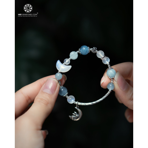 Lắc Tay Mặt Trăng Moonstone x Hải Lam Ngọc Charm Bạc