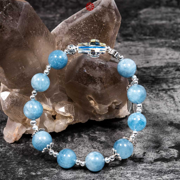 Vòng chuỗi mân côi Aquamarine 10mm phối charm Bạc