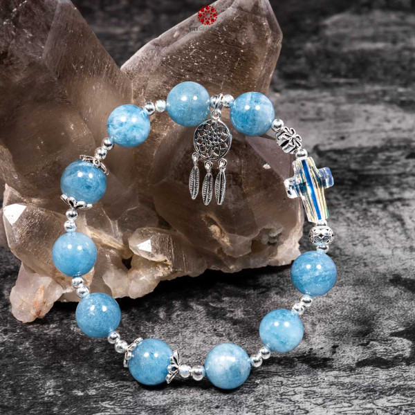 Vòng chuỗi mân côi Aquamarine 10mm phối charm Bạc